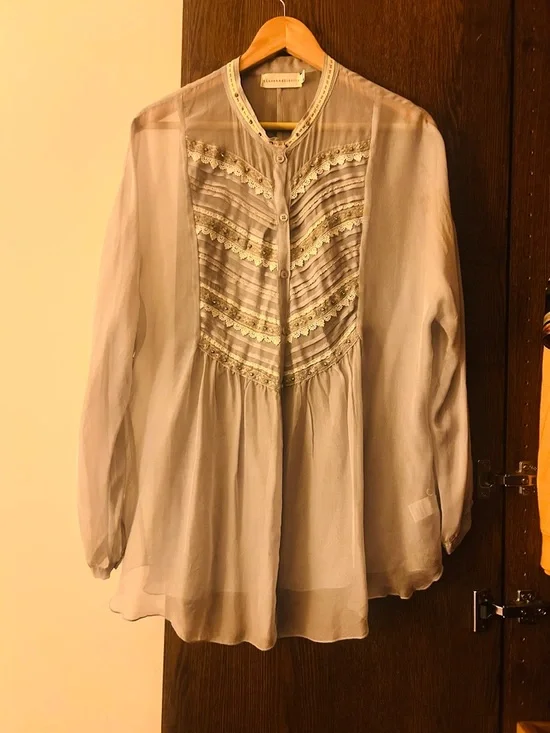 Light Blue Lace-Trim Button-Up Womens Blouse - Picture 3 of 11